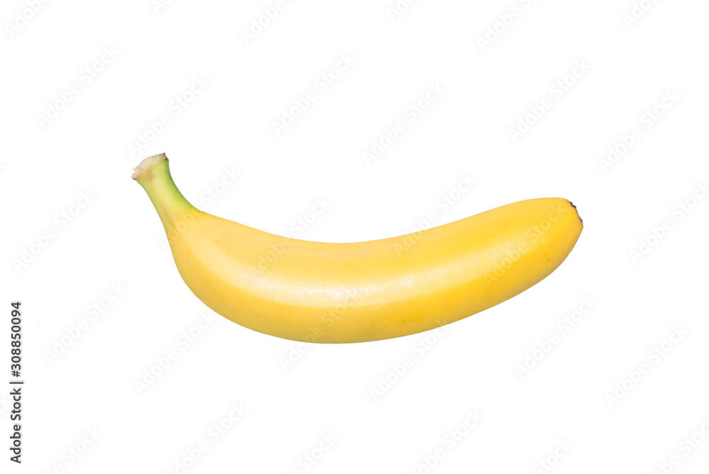 A banana stands alone on white background