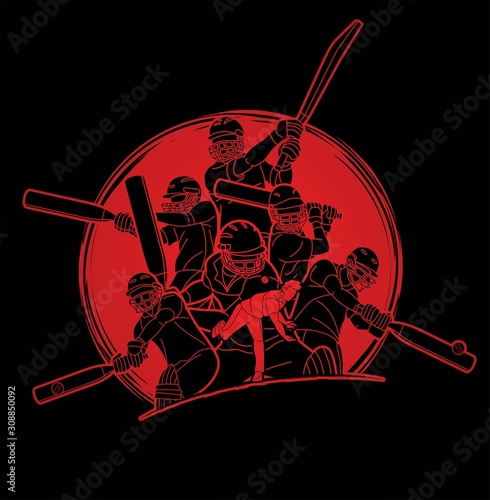 Group of Cricket players action cartoon sport graphic vector