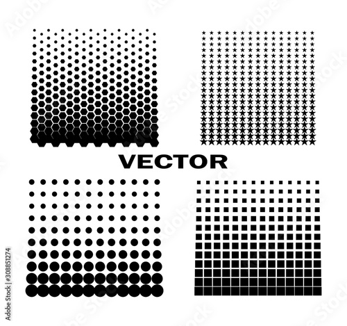 Set of vector design elements. Halftone dots, stars, hexagons, squares pixels. Objects on an isolated background.