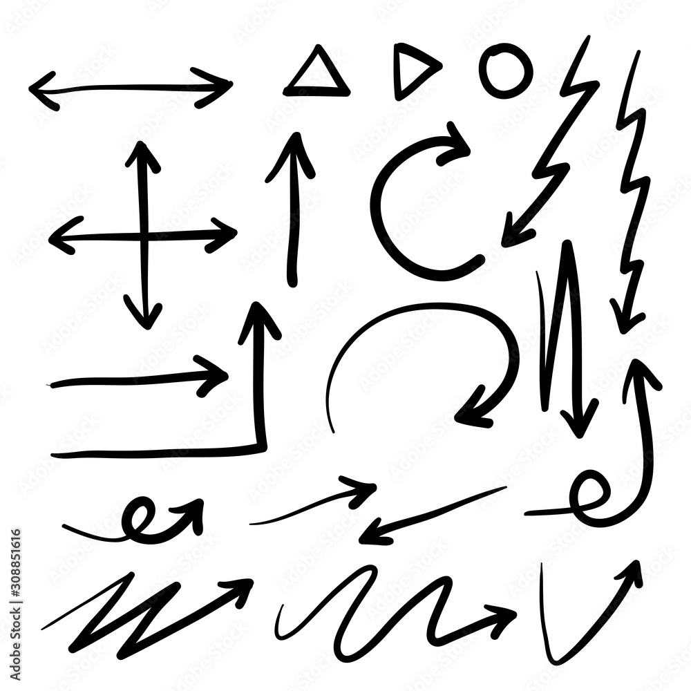 Hand drawn arrow mark icons set. Collection of point signs, Black filigree mark point vector. with hand drawn doodle style isolated background Hand drawn arrow mark icons set. Collection of point signs, Black filigree mark point vector. with hand drawn doodle style isolated background