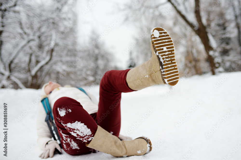 Woman slips and falls down on snowy road , #AFF, #slips, #Woman, #falls,  #road, #snowy