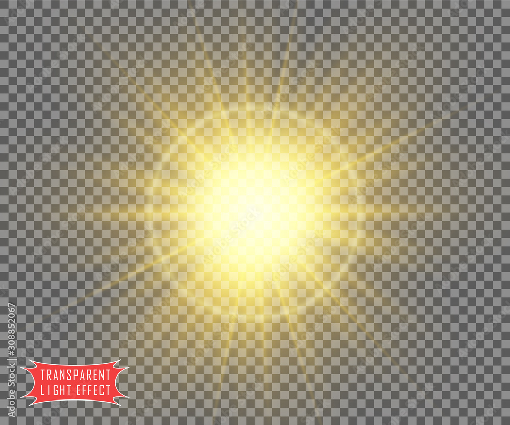 The sun is yellow on a transparent background with soft rays of the sun ...