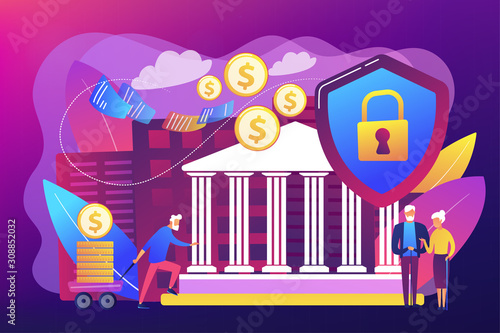 Senior people savings fund, pensioners earnings. Retirement investments, retirement budget development, contribution in pension account concept. Bright vibrant violet vector isolated illustration