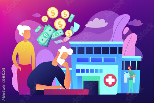 Pensioners social security. Healthcare expenses of retirees, supplemental health insurance plan, the biggest retirement expenses concept. Bright vibrant violet vector isolated illustration