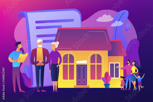 Property insurance, testament signing, house buying. Retirement estate planning, inheritance planning, financial advisor and lawyer services concept. Bright vibrant violet vector isolated illustration
