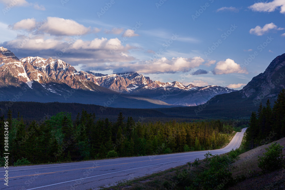 Early morning sunlight on part of Icefields Parkway in Jasper National Park, Alberta, Canada