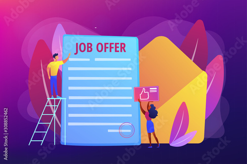 Successful business deal. Employee hiring, recruiting service. Job offer letter, international volunteer program, permanent contract concept. Bright vibrant violet vector isolated illustration