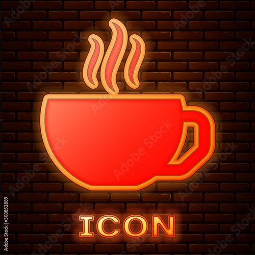 Glowing neon Coffee cup flat icon isolated on brick wall background. Tea cup. Hot drink coffee. Vector Illustration