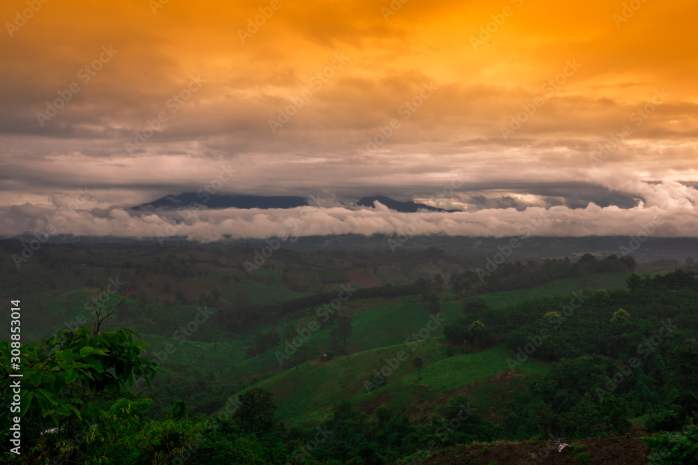 Blurred abstract background of high angle scenery, overlooking mountains, colorful skies, fresh air while traveling Blurred abstract background of high angle scenery, overlooking mountains, colorful skies, fresh air while traveling