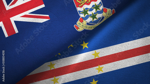 Fototapeta Naklejka Na Ścianę i Meble -  Cayman Islands and Cape Cabo Verde two flags textile cloth, fabric texture