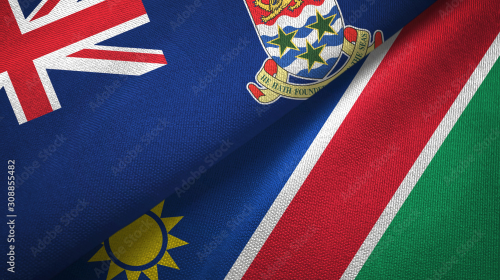 Cayman Islands and Namibia two flags textile cloth, fabric texture Cayman Islands and Namibia two flags textile cloth, fabric texture