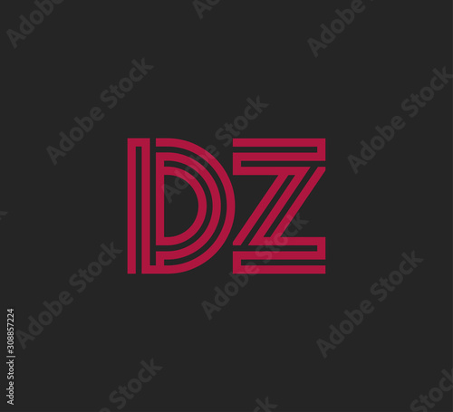 Initial two letter red line shape logo on black vector DZ