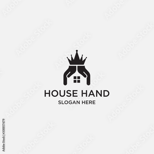 Abstract house hands king logo design template. Premium real estate sign. Universal protection care home realty business vector icon. Negative space idea logotype - stock vector
