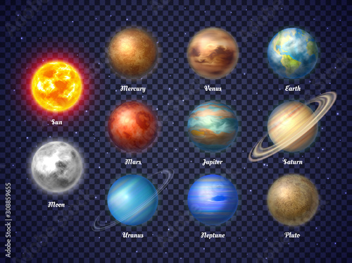 Colorful sun, moon and nine planets of solar system isolated on transparent background. Galaxy discovery and exploration. Realistic planetary vector illustrations set for school education materials. photo