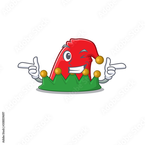 Funny elf hat mascot cartoon style with Wink eye