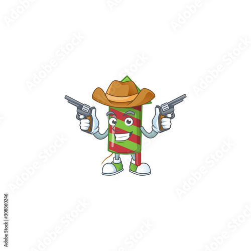 Green stripes fireworks rocket cartoon character as a Cowboy holding guns