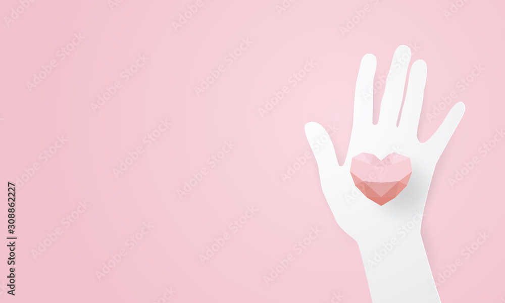 Paper art of hand with red polygonal heart, Volunteer Paper art of hand with red polygonal heart, Volunteer