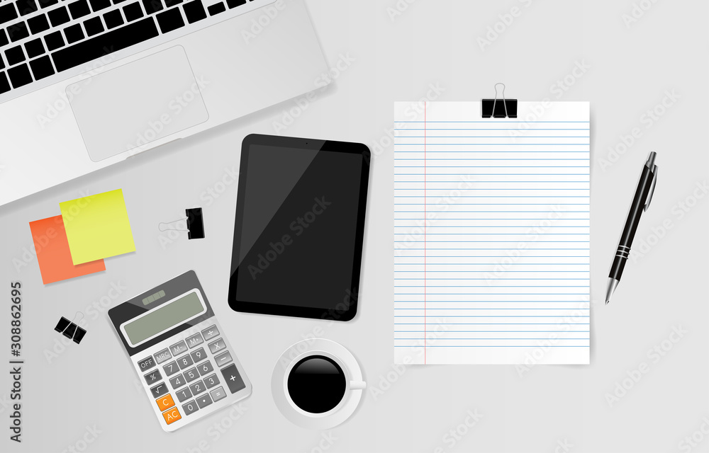 Blank note paper with digital tablet, pen, black metallic paper clips, calculator and coffee cup on gray background. Vector illustration Blank note paper with digital tablet, pen, black metallic paper clips, calculator and coffee cup on gray background. Vector illustration