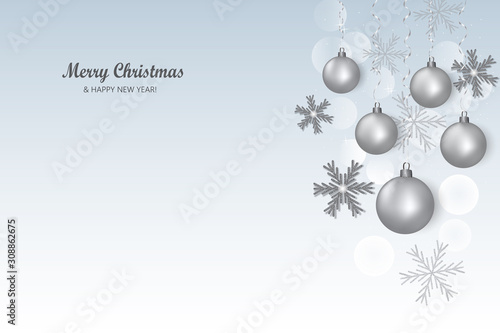Christmac background, poster, greeting card, silver balls and snowflakes