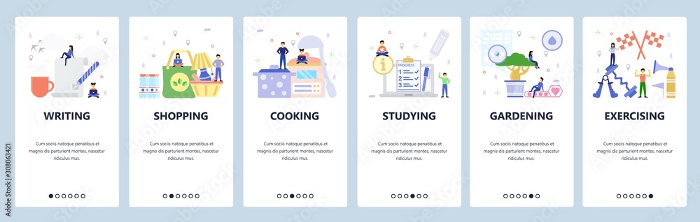 Mobile app onboarding screens. Writing, shopping, cooking, studying, exercising. Menu vector banner template for website and mobile development. Web site design flat illustration