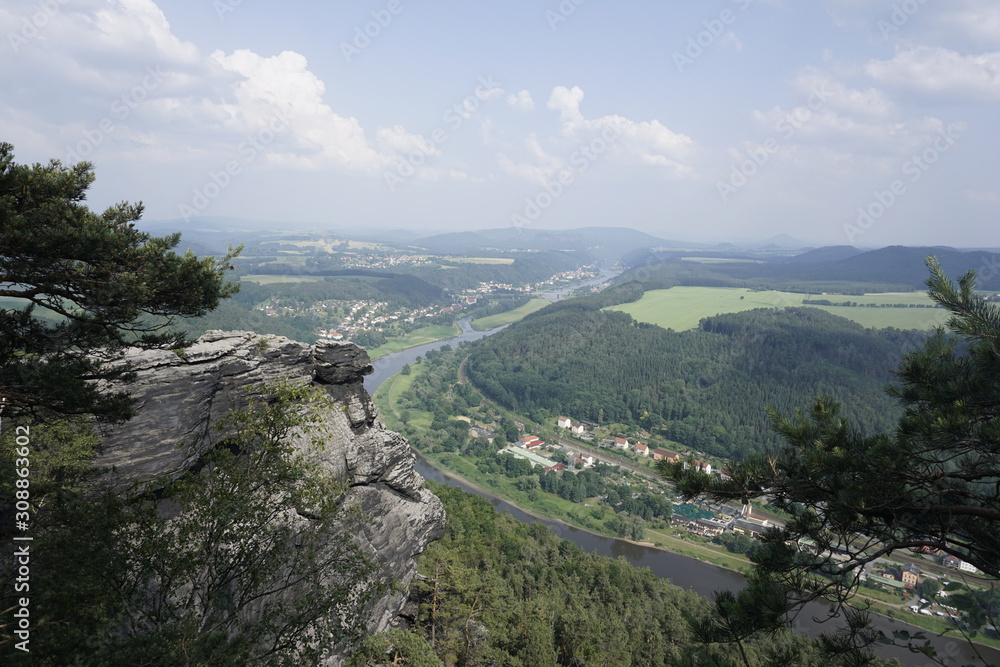View from the Lilienstein mountain over the Elbe valley in Saxon Switzerland