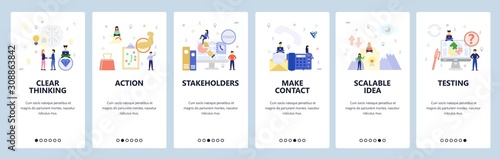 Mobile app onboarding screens. Business strategy, phone and email contact, testing, business deal. Menu vector banner template for website and mobile development. Web site design flat illustration