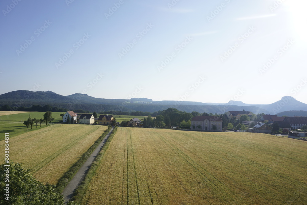 View from the viewing tower in Rathmannsdorf to hills of Saxon Switzerland