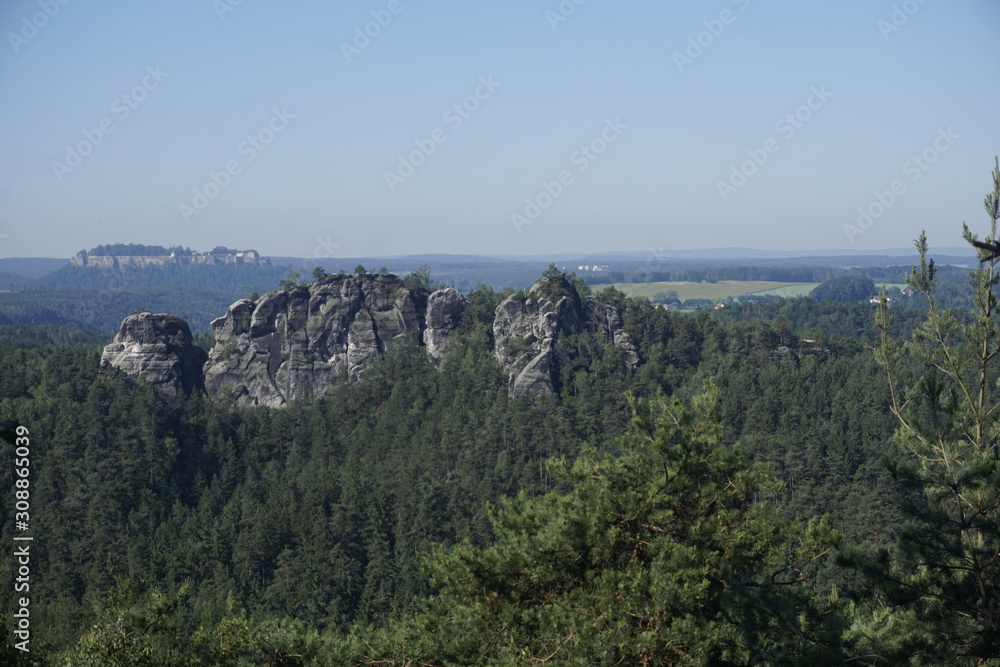 View to fortress Konigstein with beautiful sandston rock formation