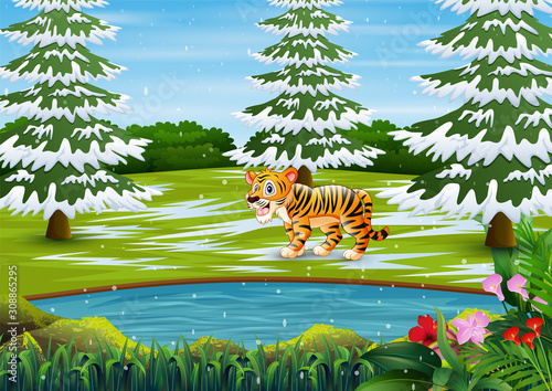 Cartoon tiger in the winter forest landscape