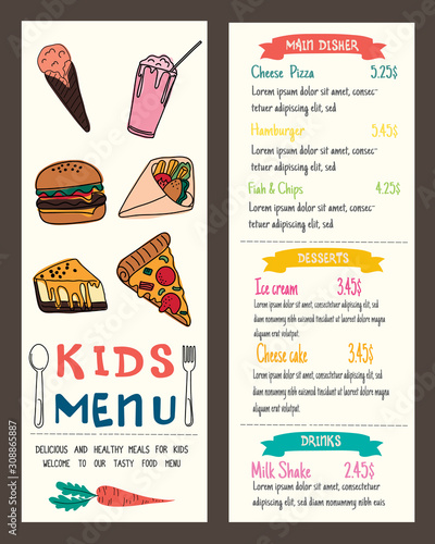 Cute colorful kids meal menu vector template