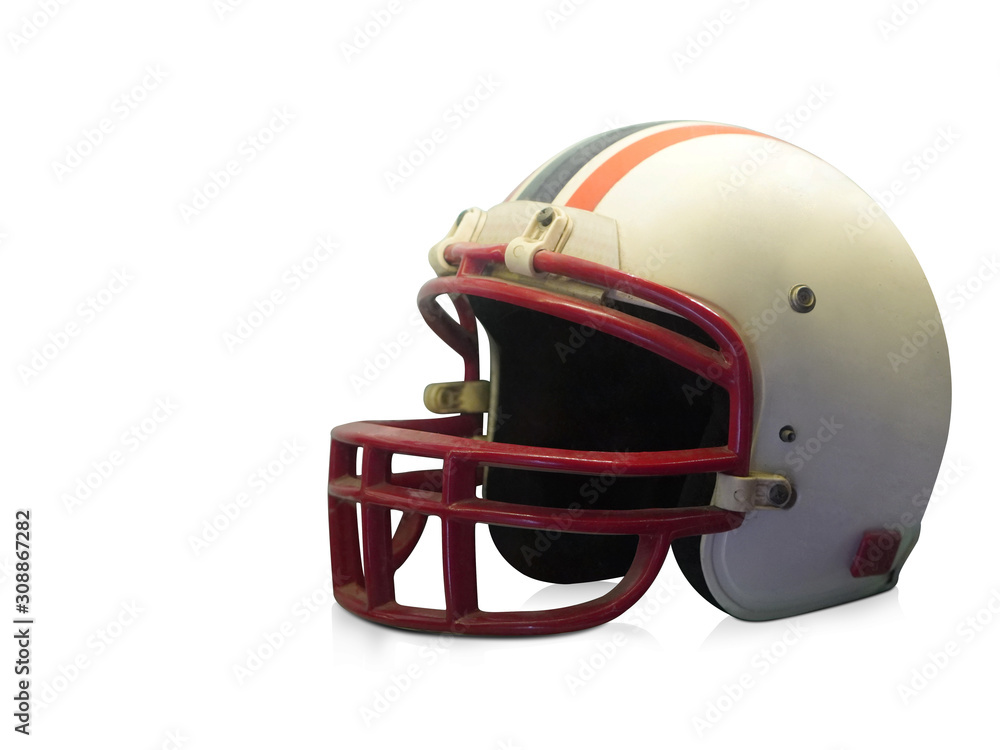 Antique white and red American football helmet on white background, object, copy space Antique white and red American football helmet on white background, object, copy space