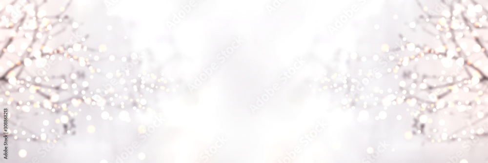 Bright silver trees decorated with lights of garlands on white winter background. Holiday subtle empty template. Glitter blur pattern. Pastel simple banner. - obrazy, fototapety, plakaty 