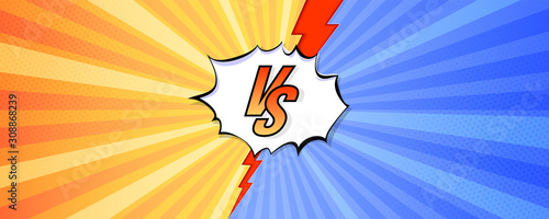 Logo of versus. Letters VS on background in comics style for sports and fight, martial arts, competition. Blue and red background with halftone effect and red lightning. Vector illustration