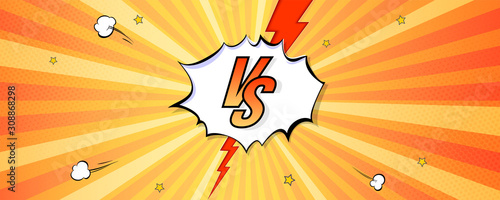 Fototapeta Versus logo on expressive background in comic book style. Letters VS with explosions bubbles and rays. Vintage pop art banner for challenge or contest. Vector poster for superhero, sports events