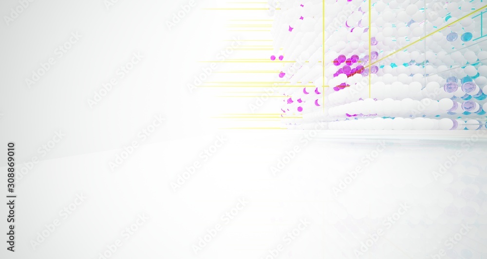Fototapeta premium Abstract white and colored gradient glasses interior from array spheres with large window. 3D illustration and rendering.