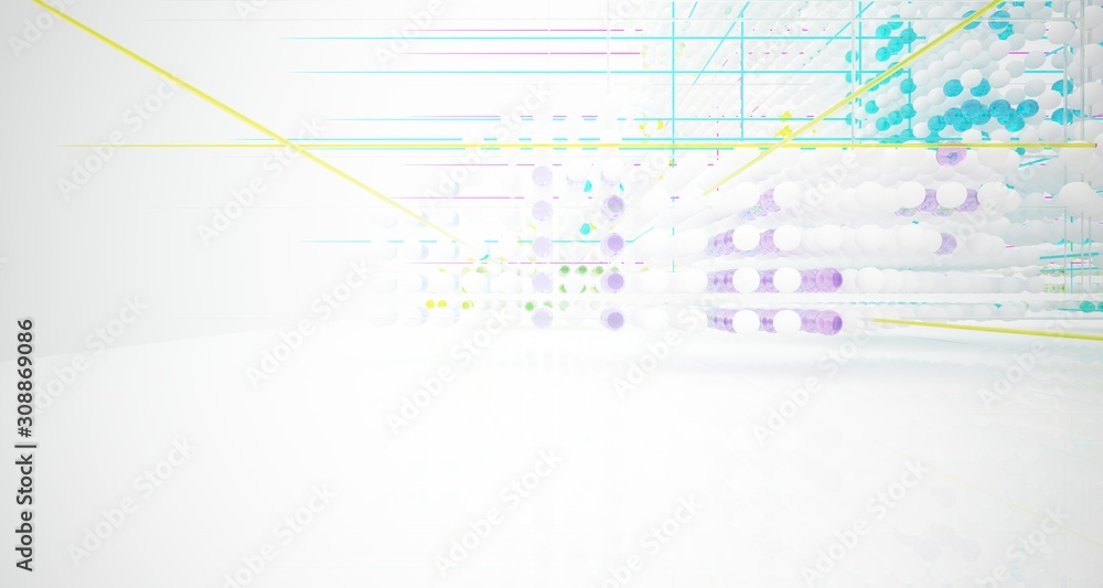 Obraz premium Abstract white and colored gradient glasses interior from array spheres with large window. 3D illustration and rendering.