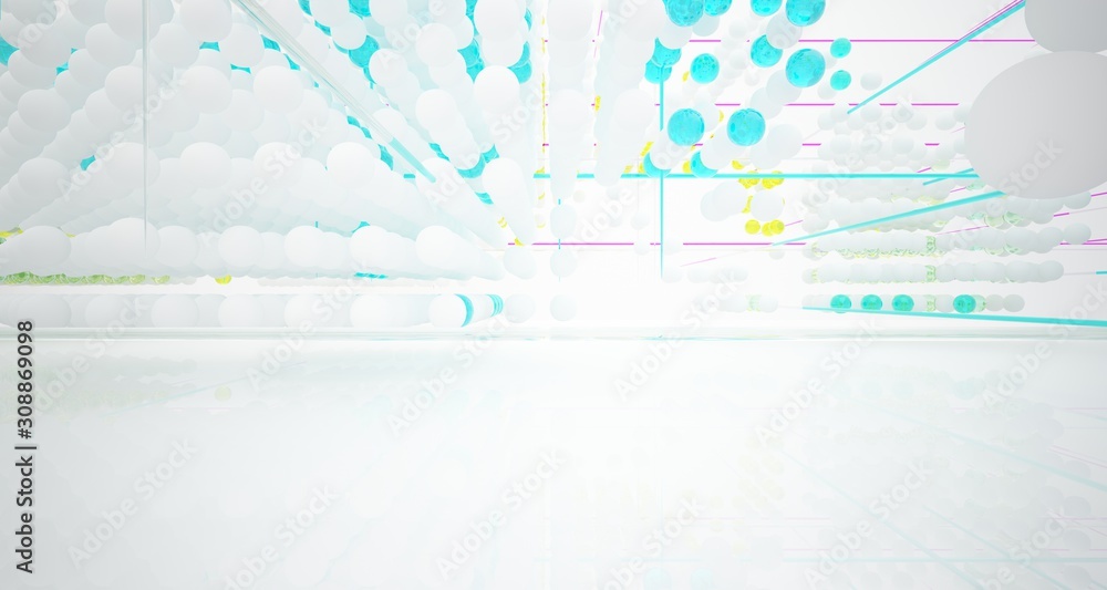 Fototapeta premium Abstract white and colored gradient glasses interior from array spheres with large window. 3D illustration and rendering.