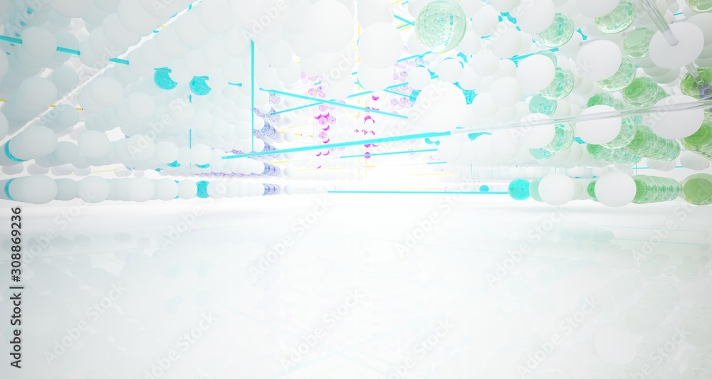 Abstract white and colored gradient glasses interior from array spheres with large window. 3D illustration and rendering.