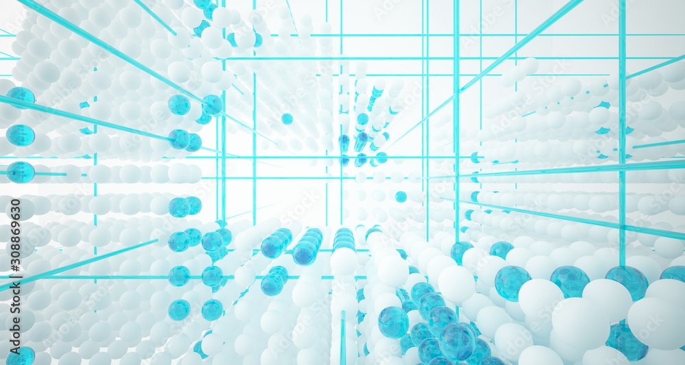 Fototapeta premium Abstract white and colored gradient glasses interior from array spheres with large window. 3D illustration and rendering.