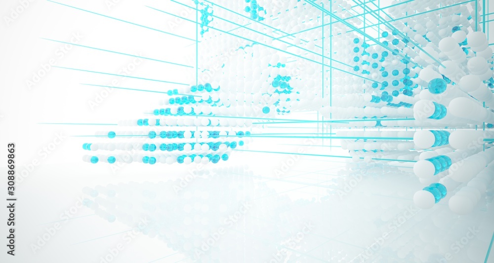 Obraz premium Abstract white and colored gradient glasses interior from array spheres with large window. 3D illustration and rendering.