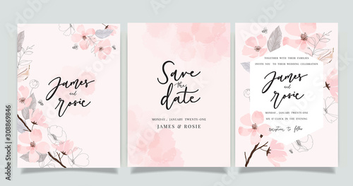  Luxury marble Wedding logo and Invitation set,  invite thank you, rsvp modern card Design in pink and gray flower with leaf greenery branches  decorative Vector elegant rustic template