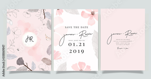  Luxury marble Wedding logo and Invitation set,  invite thank you, rsvp modern card Design in pink and gray flower with leaf greenery branches  decorative Vector elegant rustic template