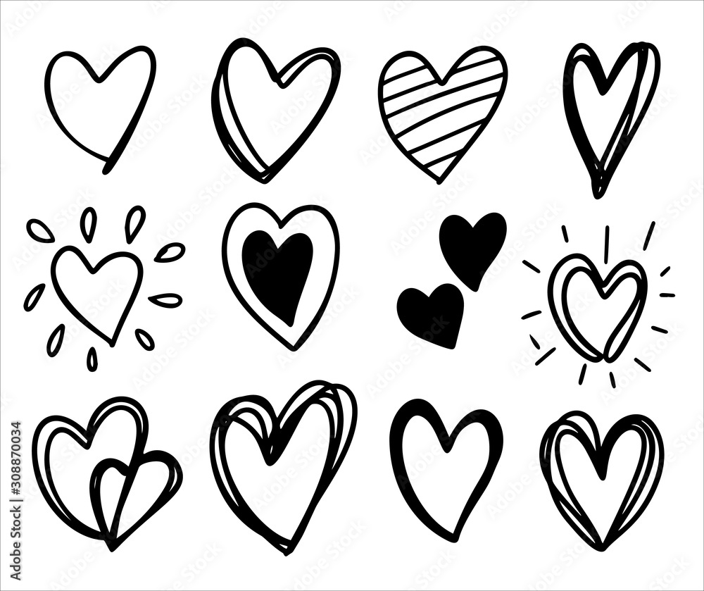 Heart icons, Hand drawn hearts, concept of love,Vector design elements for Valentine's day.