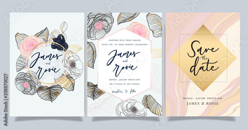  Luxury marble Wedding logo and Invitation set,  invite thank you, rsvp modern card Design in pink and gray flower with leaf greenery branches  decorative Vector elegant rustic template