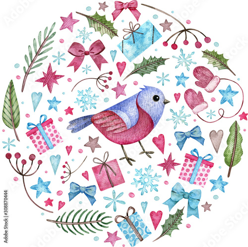 Circle Christmas composition with a red bird, presents, bows, tree branches, stars, hearts. Watercolor illustration.