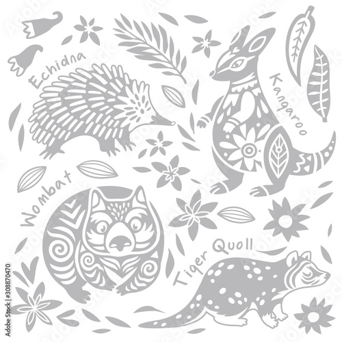 Set with decorated Australian animals in vector. Echidna, Wombat, Kangaroo and tiger quoll