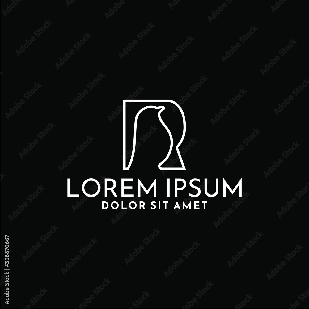 Initial letter R logo template with bird line art in flat design illustration Initial letter R logo template with bird line art in flat design illustration