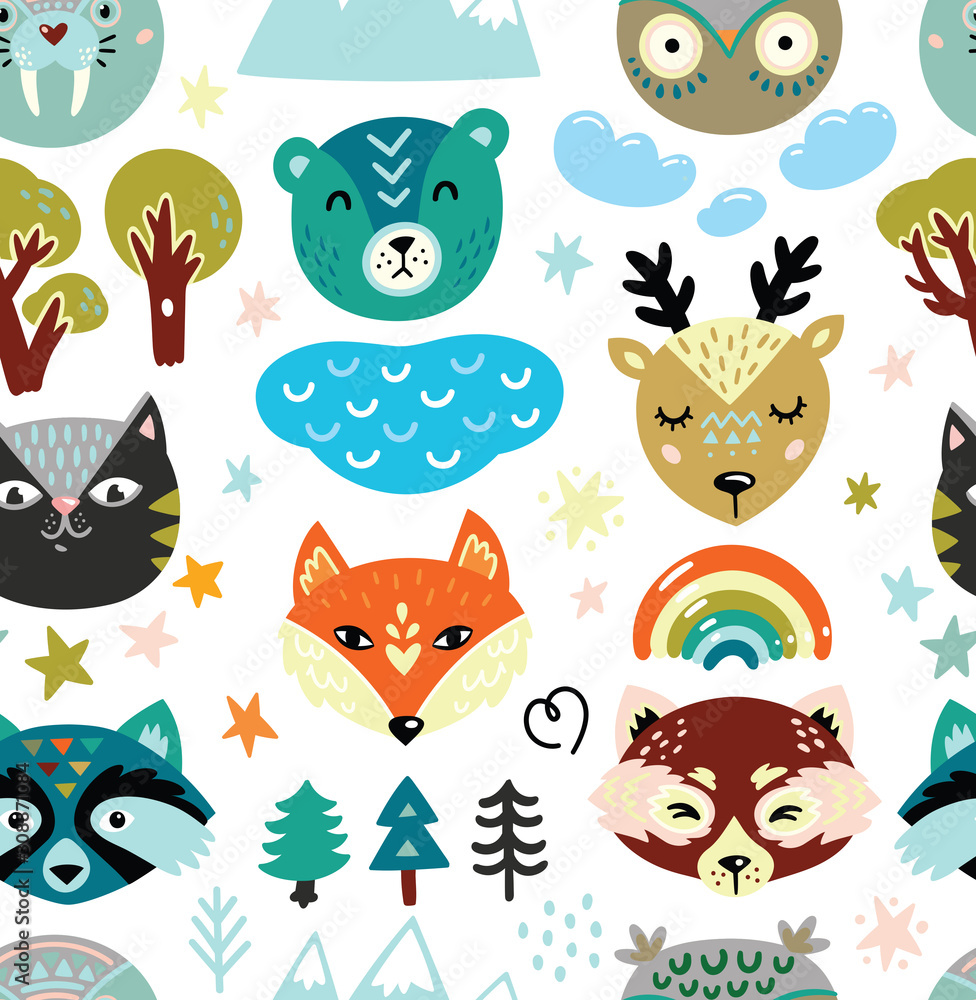 Cartoon animals heads and nature elements seamless pattern Cartoon animals heads and nature elements seamless pattern