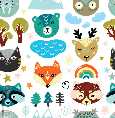 Cartoon animals heads and nature elements seamless pattern