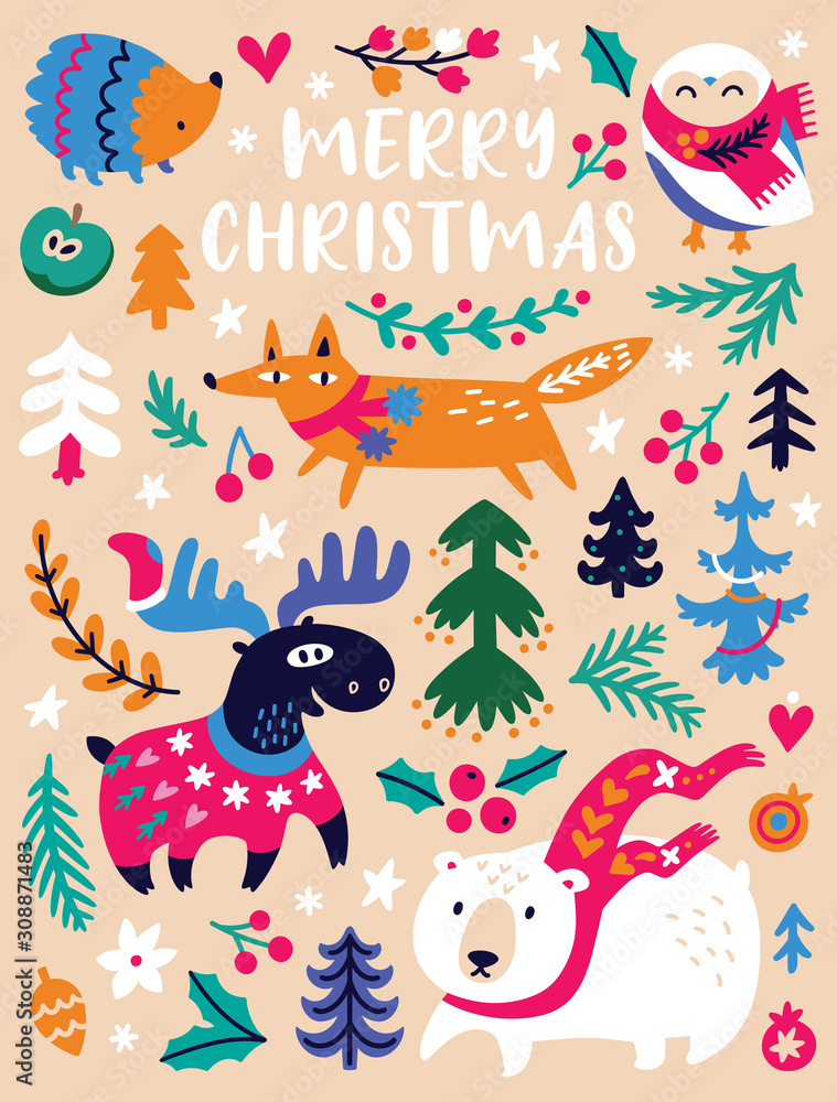 Naklejka premium Christmas animals and trees illustration in decorative style